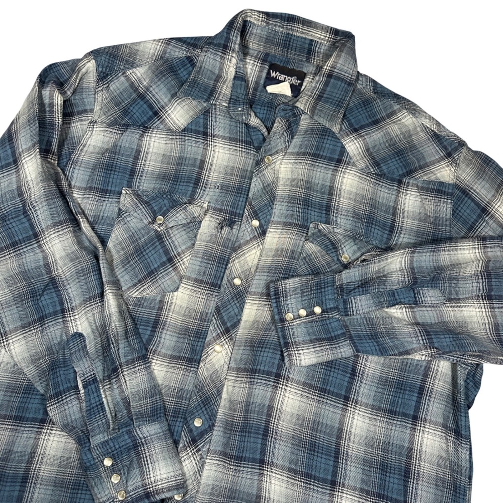 Wrangler Mens Blue Plaid Flannel Western Pearl Snap Button Up Shirt Distressed